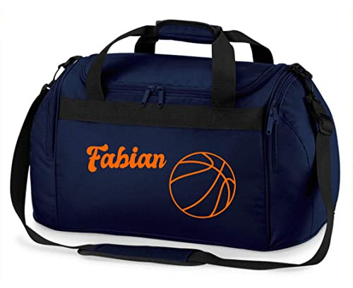 Sporttasche mit Namen Bedruckt für Kinder | Personalisierbar mit Motiv Basketball | Reisetasche Duffle Bag für Mädchen und Jungen Sport (dunkelblau)