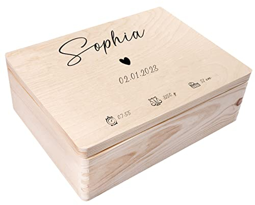Creative Deco Erinnerungsbox Baby Personalisiert Herz mit Namen | 40 x 30 x 14 cm | Individuelle Erinnerungskiste Geschenk zur Geburt für Mädchen und Jungen | Holzkiste mit Deckel | Farbdruck