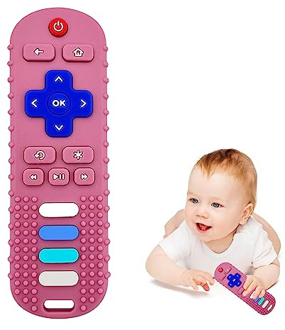 ROBBEAR Baby Teething Toys, Food Grade Silicone Teether for Babies 3 6 12 18 Months, TV Remote Shape Toddlers Chew Toys, Freezer BPA Free (Pink RC)