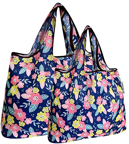 allydrew Große und kleine faltbare Einkaufstaschen, Nylon, wiederverwendbar, 2 Stück, Set mit 2 Ansteckblumen, Rosa und Gelb, Large & Small, Allydrew Große und kleine faltbare Einkaufstaschen, Nylon,