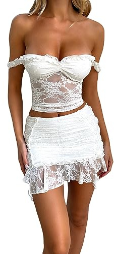 FeMereina Ensemble de 2 jupes en dentelle patchwork Y2K pour femme - Épaules dénudées - Manches longues - Transparentes - Crop tops ajustés - Taille basse - Jupe moulante - Tenue streetwear, blanc, L