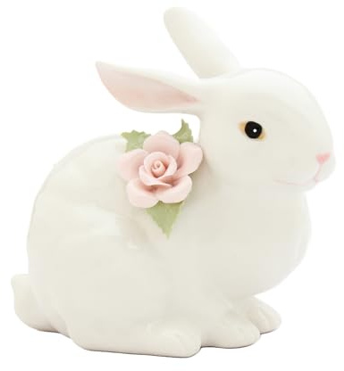 11005 Fine Porcelain Spring Easter Crouching Bunny with Pink Rose Figurine, 4-1/2 H