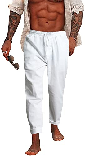NANAMEEI Pantalon Lin Homme Décontracté Pantalon Leger Ete Homme Taille Elastique Casual Yoga Pants for Men Blanc L