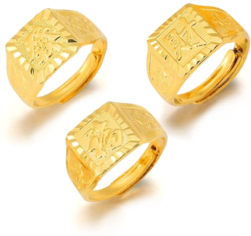 KSJEHW 3 Stücke Herren-Ring Vergoldet Reich/Glück/Reichtum Band Siegelring Bandring einstellbare Größe