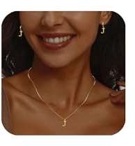 GoPaw Collier d'initiales en plaqué or Lettre,Collier d'initiales en or Boucles D'oreilles,Personnalisé Collier Femme Or Lettre Fille Femme avec 2 Boucles D'oreilles Monogrammées Identiques (J)