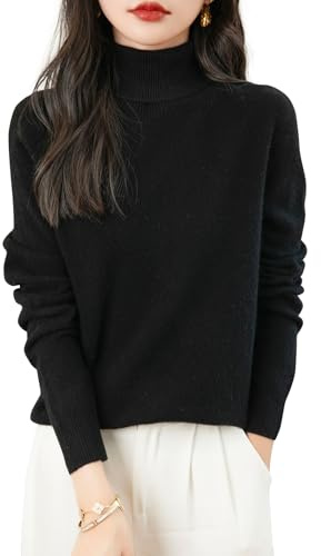 Chanyarn Maglione da Donna 100% Lana Merino Collo Alto 2025 Casual a Maniche Lunghe Senza Cuciture Maglia Maglione (Black,M)