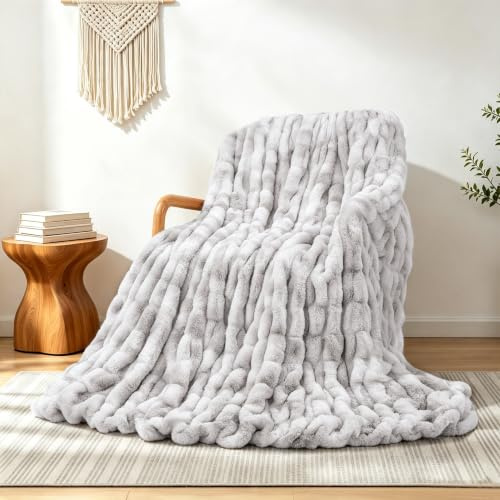 Touchat Ruched Faux Rabbit Fur Throw Blanket, 700 GSM Luxury Dual-Sided Soft Cozy Blanket, Fuzzy Fluffy Plush Blanket for Bed, Couch and Sofa - 50x60, Tie-dye Gray