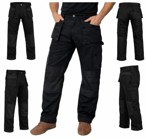 GRS Multi Pockets Mens Combat Cargo Work Trousers with Knee Pad Pockets, Full Black, 52 Waist - Short