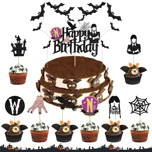 TOPJOWGA Halloween Cupcake Topper, 1 Stück Halloween Große Happy Birthday Cake Topper Glitter + 20 Stück Cupcake Dekorationen, Kuchendekoration für Karneval Geburtstagspartys