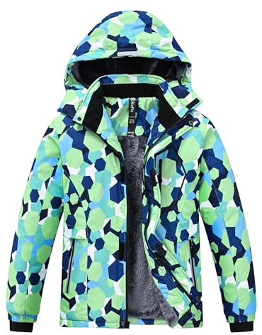 MoFiz Giacca da Sci Bambini Invernale Cappotto in Pile Caldo da Neve Impermeabile Antivento Giacche Ragazzi con Cappuccio Rimovibile Mimetico Verde M(10-12 anni)