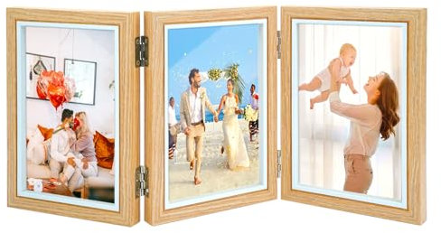 Portafoto Pieghevole in Legno da Tavolo, Cornice Multiplo 10x15 cm con 3 Foto, Collage per Famiglia e Nozze
