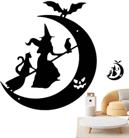 Witch Broom Ornaments, Witch Garden Ornaments, Vista Print Iron Wall Hanging Witch Decor - Halloween Gate Hanger Decoration, Witch Moon Silhouette on a Broom for Courtyard Garden