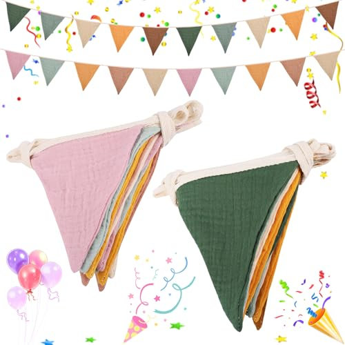 Begpoee 2 Stück 2,6M Wimpelkette Stoff, Bunt Wimpelkette Kinderzimmer, Musselinstoff Girlande für Kinderzimmer, Wimpelkette Outdoor Beidseitig, Für Hausbett, Babybett, Kinderbett, Wanddeko