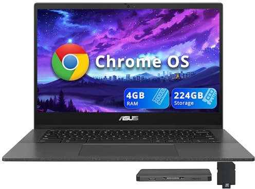 ASUS Chromebook CM1402 Laptop antirreflejos FHD de 14 pulgadas, MediaTek Kompanio 520, 4 GB LPDDR4X, 224 GB de almacenamiento (eMMC de 64 GB + juego de estación de acoplamiento de 160 GB), cámara web