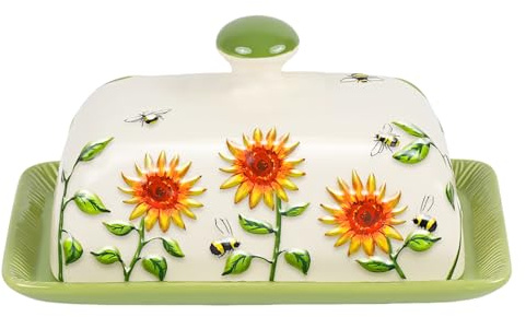 Butter Dish with Lid for Countertop, Sunflower Butter Keeper Holder, 7.5”x4.3” Large Ceramic Butter Tray Storage Sunflower Decor Mother's Day Gifts