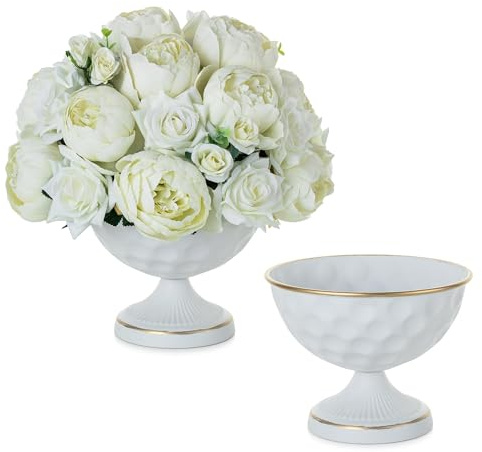 Sziqiqi White Vases for Wedding Centerpieces: 6.1in Metal Urn Vases Set of 2 Compote Vase for Decorations - Flower Arrangements Table Vase Plant Bowl for Wedding Party Event Home Decor