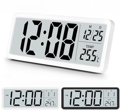 Venchin Digital Wall Clock: White Wall Clocks Battery Operated, Temperature, 12/24HR, LCD Digital Clocks for Living Room, Bedroom, Office, 20CM Modern Table Clock Room Decor