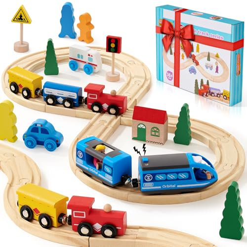 Atoylink Holzeisenbahn Zug Elektrische, Eisenbahn Elektrische Lok Kinder mit Holzschienen Zug Spielzeug Batteriebetriebener Lokomotivzug Eisenbahnspielzeug Geschenke für Jungen Mädchen 3 4 5 6 7