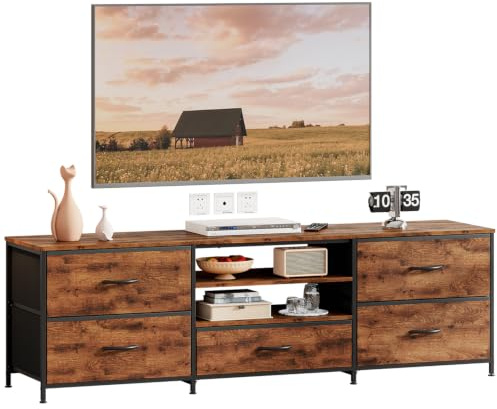 Taotigzu TV-Schrank,Fernsehschrank,für Fernseher bis zu 65 Zoll(Braun) | Fernsehtisch,140 lang,Lowboard,TV Board,mit 5 Schubladen aus Stoff,2 offenen Fächern,mit Stahlgestell für Wohnzimmer