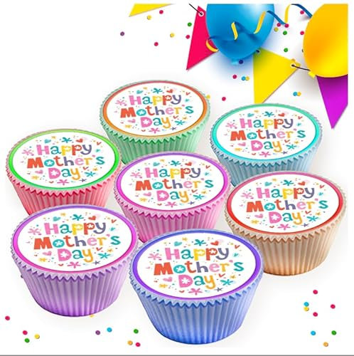 24 x HAPPY MOTHERS DAY EDIBLE ICING 4.5 cms CUPCAKE TOPPERS DECORATIONS 9358