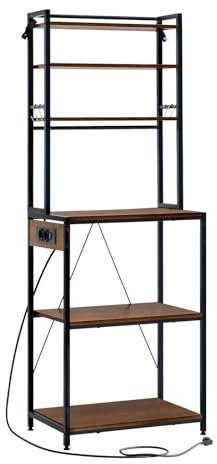 WOLTU 6-stöckiges Küchenregal mit Steckdosen, Mikrowellenregal mit 6 Haken, Bäckerregal mit Metallrahmen, verstellbare Ablage, Schwarz+Rustikales Braun, 60 x 167 x 40 cm