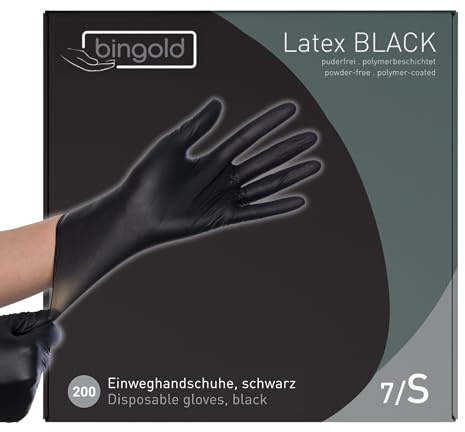 BINGOLD Engångshandskar latex svart – 2 x 100 stycken engångshandskar puderfria, latexhandskar svart, storlek S, M, L, XL – medicinsk kvalitet, hög slitstyrka, optimalt grepp (S)