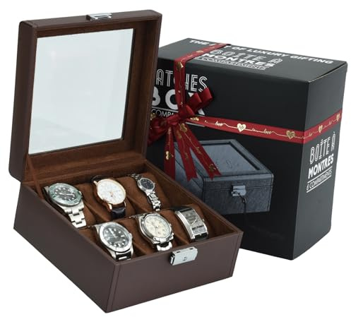 Hit design Watch Box Watch Cases for Men,6 Slot Brown Watch Case Organizer Storage Box,Leather Display Holder for Watches,Mens Watch Box for Collection,Anniversary Birthday Gift for Men Women