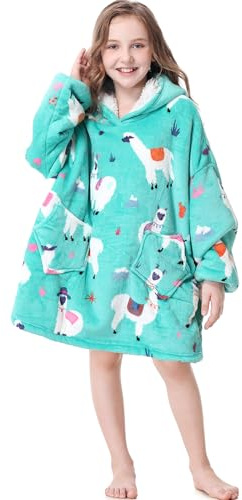 Uluvus Oversized Blanket Hoodie Kids, Wearable Flannel Kids Oversized Hoodie Gifts for Girls Boys, Super Soft Warm Hooded Blanket Sweatshirt with Pocket Sleeves for Children Teens, Alpaca