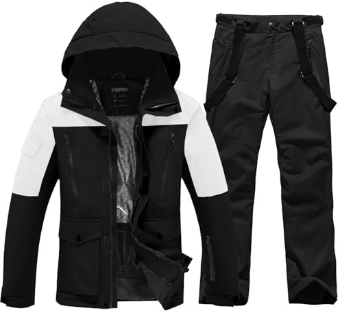 ALSOGO Skiddräkter för män, 2-delat snowboardset, vattentät, vindtät, vinter, varm, skidjacka och byxor, set för skidåkning, snowboard, klättring, S01-BK+svart, M
