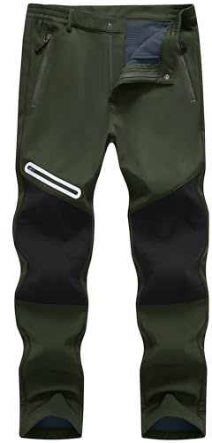 Tyhengta Waterproof Work Trousers Men Cargo Winter Thermal Fleece Trousers Outdoor Hiking Fishing Hunting Trouser Army Green,34