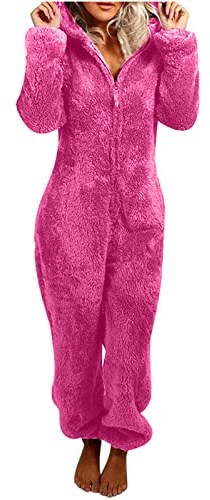 FOCLMP Plus Size Fleece Onesie Pajamas Women Sherpa Fuzzy One Piece Zipper Hooded Sleepwear Cute Bear Ear Soft Plush Romper fuzzy womens pajamas Hot Pink 2XL