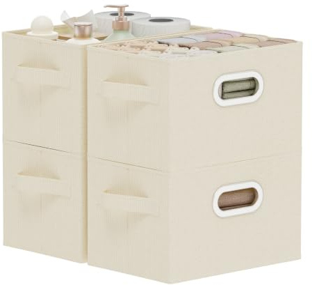 ENUMAIL Cajas de Almacenaje con Manija Metálica,26x20x17cm,Beige,4 Piezas | Cesta de Almacenamiento con Placa de Soporte PP,Organizador de Ropa con Mango,Lavable Caja para Armario Plegable con Tapa