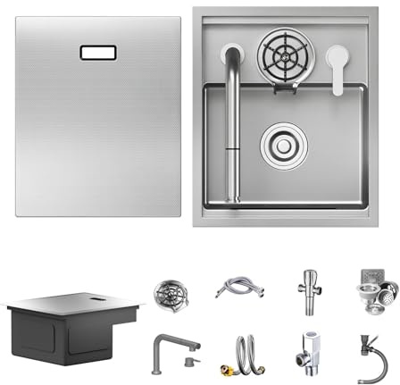 17.7 x 14.9 Inch Stainless Steel Bar Sink Brushed Scratch-Resistant Surface with Cup Washer and Pull Out Faucet - Perfect for RVs, Small Apartments, Home Bars, and Islands