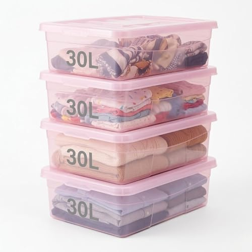 SIDSONS 4x 30L Underbed Plastic Storage Boxes with Clip Lock Lids - Pink Underbed Protective Storage Box -Multipurpose Organizer for Home, Office Accessories