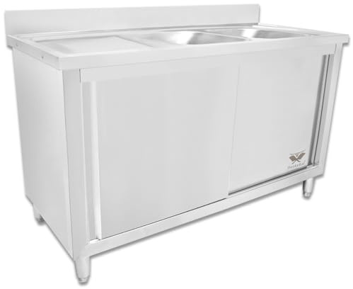 Beeketal 'GSB140-Duo' Edelstahl Spülschrank mit 2 Spülbecken (rechts), Unterschrank mit Rollentüren, extra rückseitiger Aufkantung und justierbaren Stellfüßen, (B/T/H): ca. 1400 x 600 x 940 mm