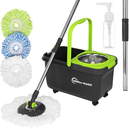 SIMPLI-MAGIC Kit de Limpieza giratoria, Microfibra de plástico de Acero Inoxidable, Negro/Verde, fregona y recambios