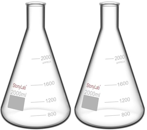 stonylab 2-Paquet Fiole Erlenmeyer en Verre à Paroi Lourde avec Bouche étroite et Bord Robuste, Narrow Mouth Erlenmeyer Flasks - 2000 ml