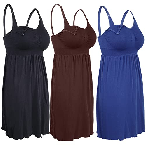 iloveSIA Nursing Gowns with Built-in Nursing Bra-3-Pack Breastfeeding Night gown-Comfort Soft for Labor Postpartum Hospital Black+Coffee+Blue Size 2XL