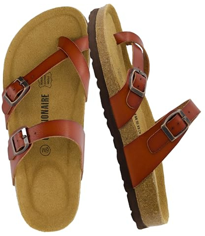CUSHIONAIRE Luna Sandals for Women, Cork Footbed Womens Sandals for Summer Comfort with Adjustable Straps, Wide Width Available, WHISKEY 8