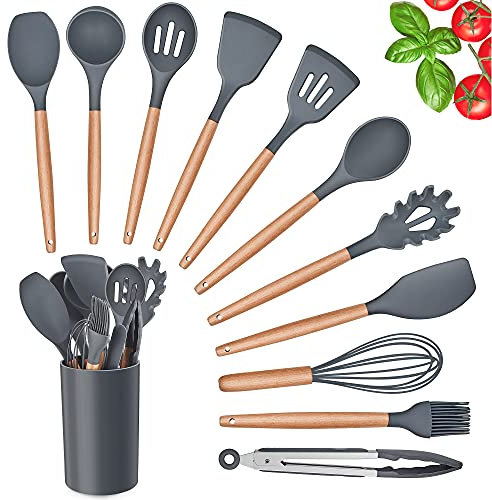 Herogo Kitchen Utensils Set, 12 Piece Silicone Utensil with Holder, Heat Resistant Cooking Utensils with Wooden Handle for Non Stick Cookware Pans, Silicone Kitchen Gadgets Tool Set (Grey)