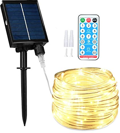 Lychee Solar Powered Outdoor Rope Light, 66ft 200LED 8 Modes IP65 Waterproof Large Powered Tube, Remote Control Timer String Lights for Holiday Christmas Party Decoration (Warm White)