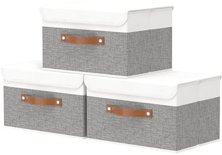 OUTBROS Aufbewahrungsboxen mit Deckel, Faltbare Stoffboxen, Aufbewahrungskörbe für Handtücher, kleiderschrank organizer 33 x 23 x 20 cm (Grau/Weiß, 3 Stück)