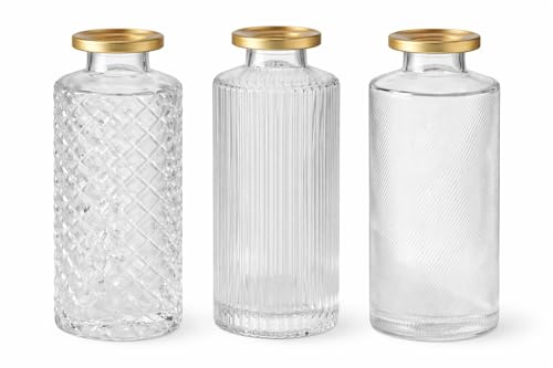3er Set Blumenvasen Väschen aus Glas Boho Ornament rund transparent & Gold - Hochzeits-Deko Tisch-Dekoration Vintage/Boho Hochzeit Geburtstag Geburtstags-Feier Wohungs-Deko Blumen-Dekoration