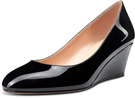 Saekcted Damen Pumps mit Mittlerem Absatz Klassische Runder Spitze Keilschuhe Büro Schuhe 5CM Absätze Schwarz Lackleder 39 EU