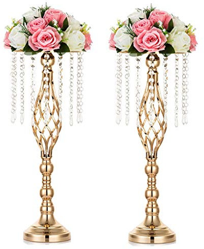 Sziqiqi 2 Pezzi Centrotavola per Matrimoni Vasi per Tavoli, Vasi in Metallo Oro Alti 55cm Con Catena di Perline Cristallo per Matrimoni Composizioni Fiori Artificiali per Feste Anniversari Cerimonie