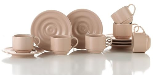 Kütahya Porselen Lot de 12 tasses à café en porcelaine - Service de table à café pour 6 personnes - Tasses et soucoupes au design rond et moderne - Passe au lave-vaisselle (rose, lot de 12 pièces)