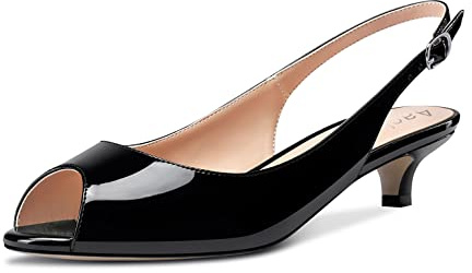 Aachcol Femmes Slingback Escarpins Ouvert Bout Kitten Bas Talon Heel Lanières Cheville Sandales Dress Chaussures Party Noir Vernis 3.5 CM 45 EU