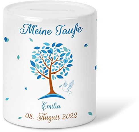 GRAVURZEILE Spardose für Kinder - im Lebensbaum Design - Personalisiert mit Name & Datum - Geschenk für Jungen & Mädchen zum Geburtstag Kommunion Geburt Einschulung Weihnachten - Farbe Blau