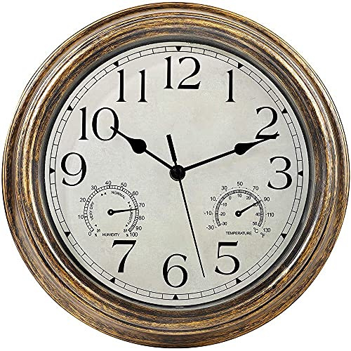 Orologio da parete da 30,5 cm, retro impermeabile con display termometro e igrometro, orologio senza rumore per interni ed esterni
