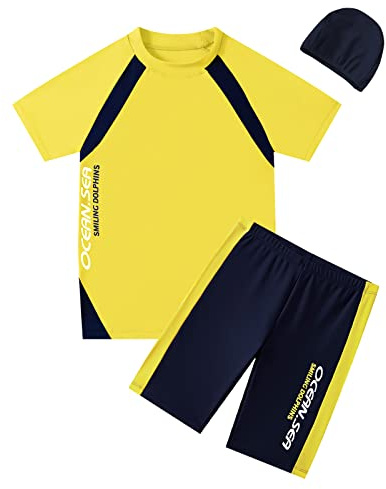BASADINA Boys Swimsuit - Boys 5-14 Years Two Piece 50+UV Swimsuit Costume, Short Sleeves Boys Swimwear